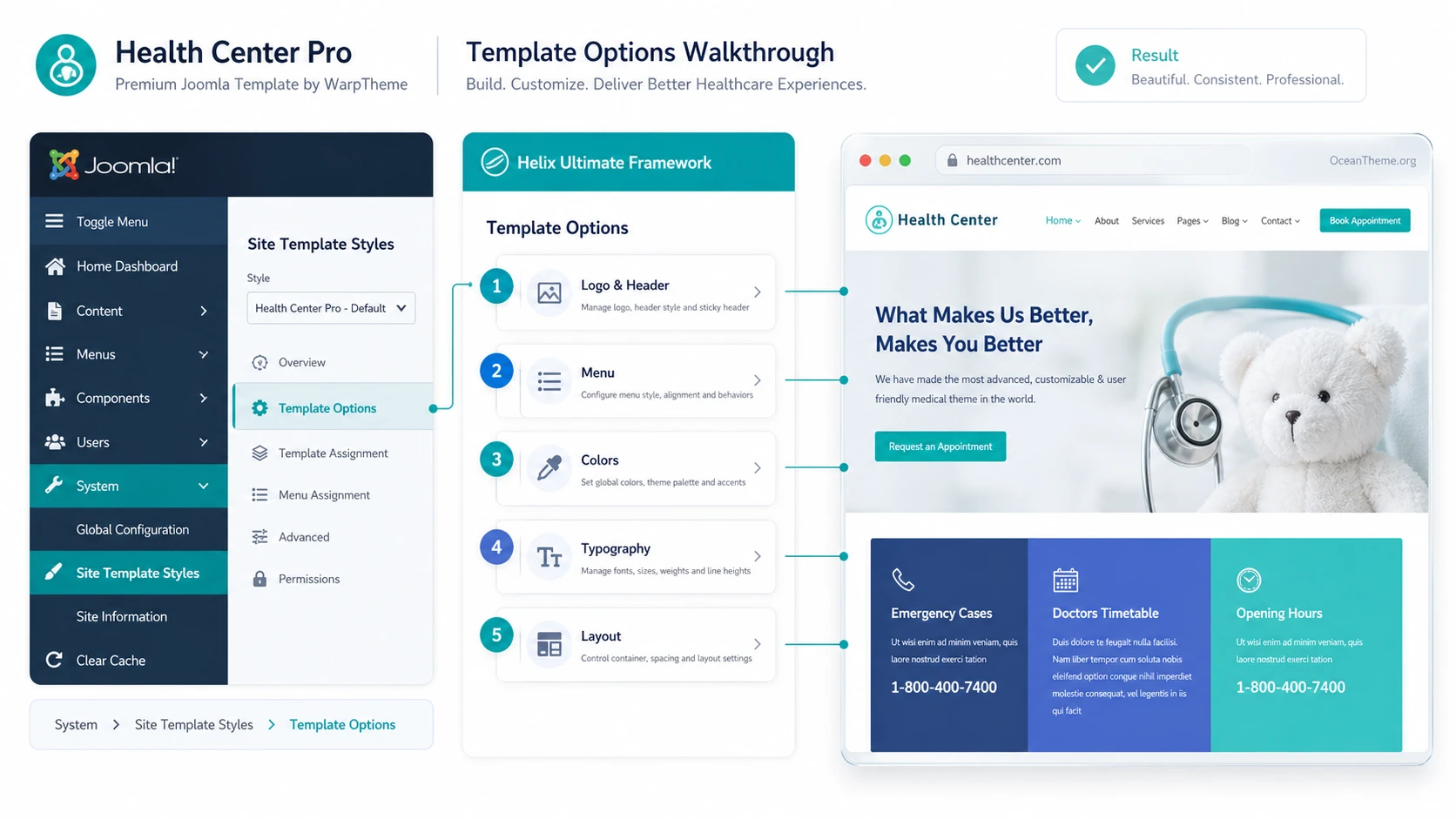 Map of the first WarpTheme Health Center Pro settings in Joomla Template Options