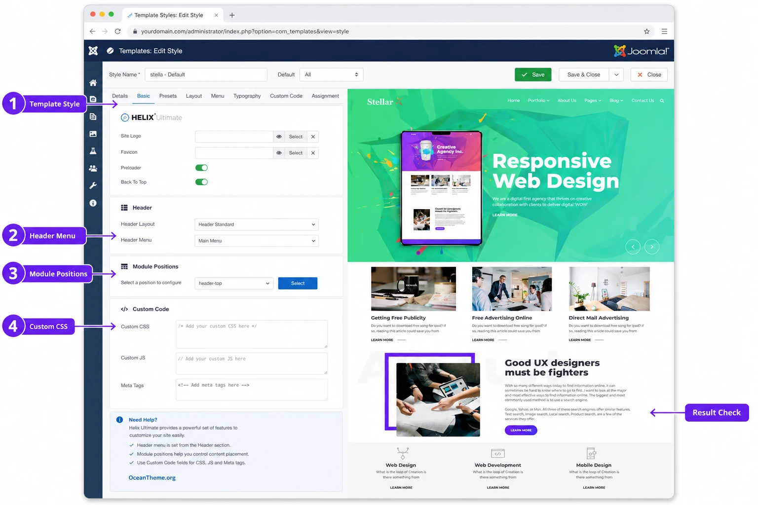 Configuration map for Helix Ultimate and the Stellar template in the Joomla admin panel