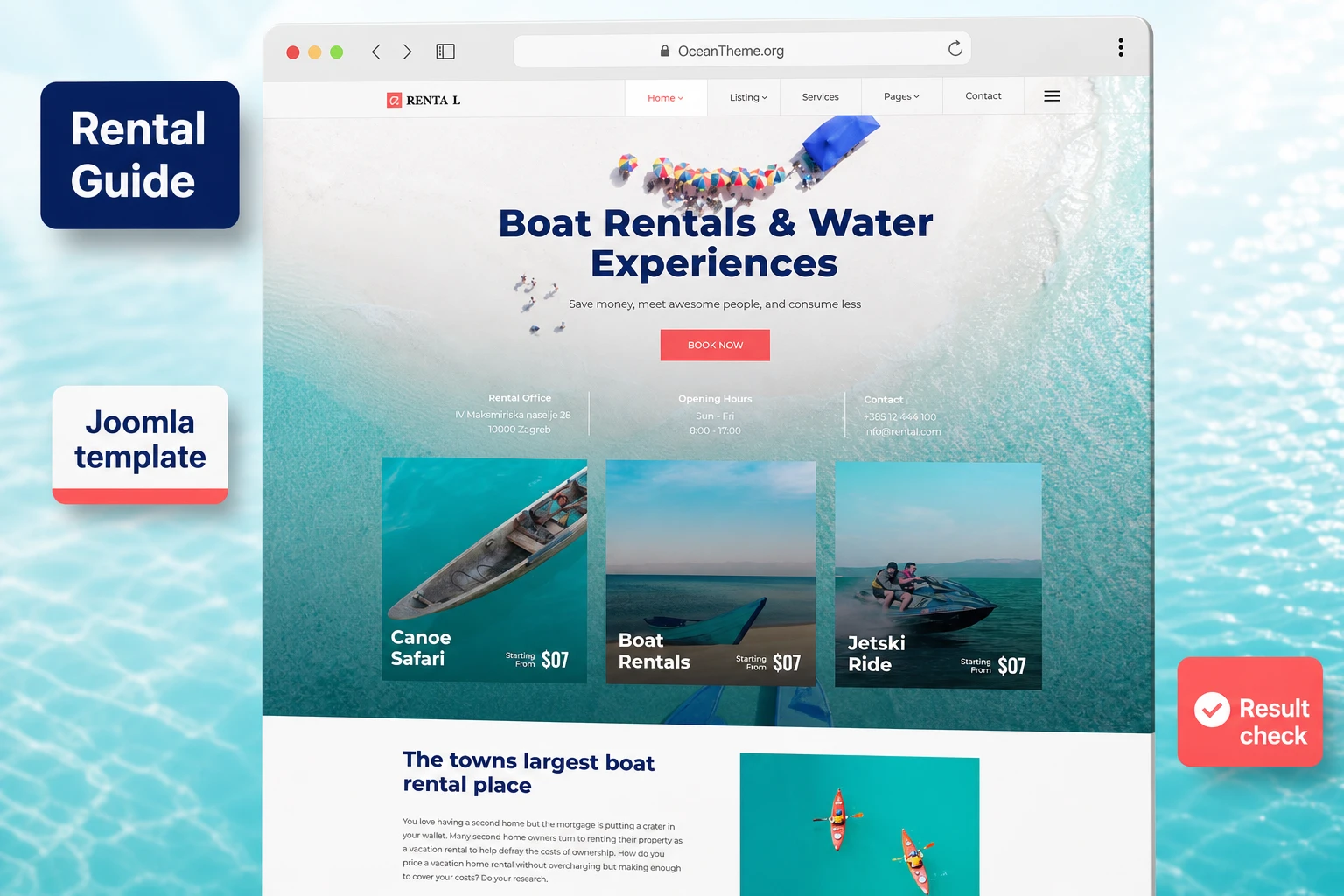 JoomShaper Rental presented as a guide cover with a rental website demo