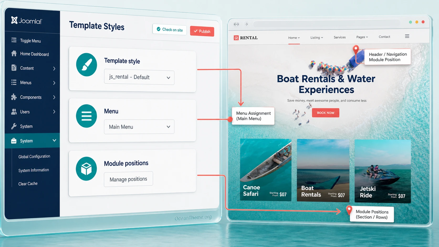 Configuring Helix Ultimate, menus, and module positions for JoomShaper Rental