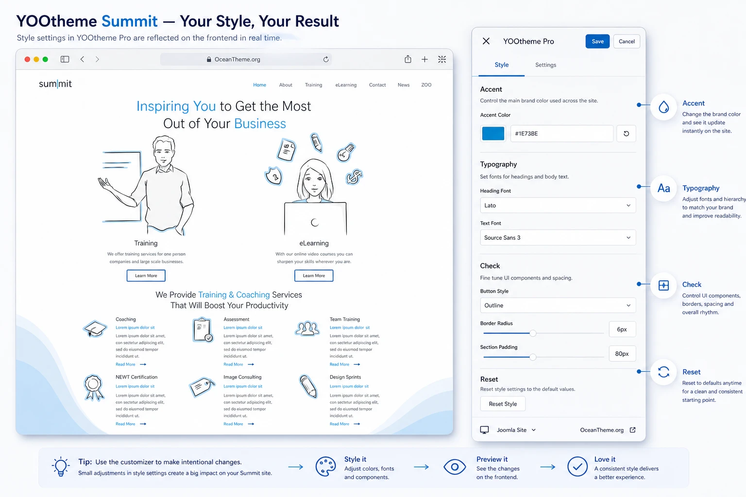 Map of YOOtheme Summit style customization through the Style Customizer and result checking