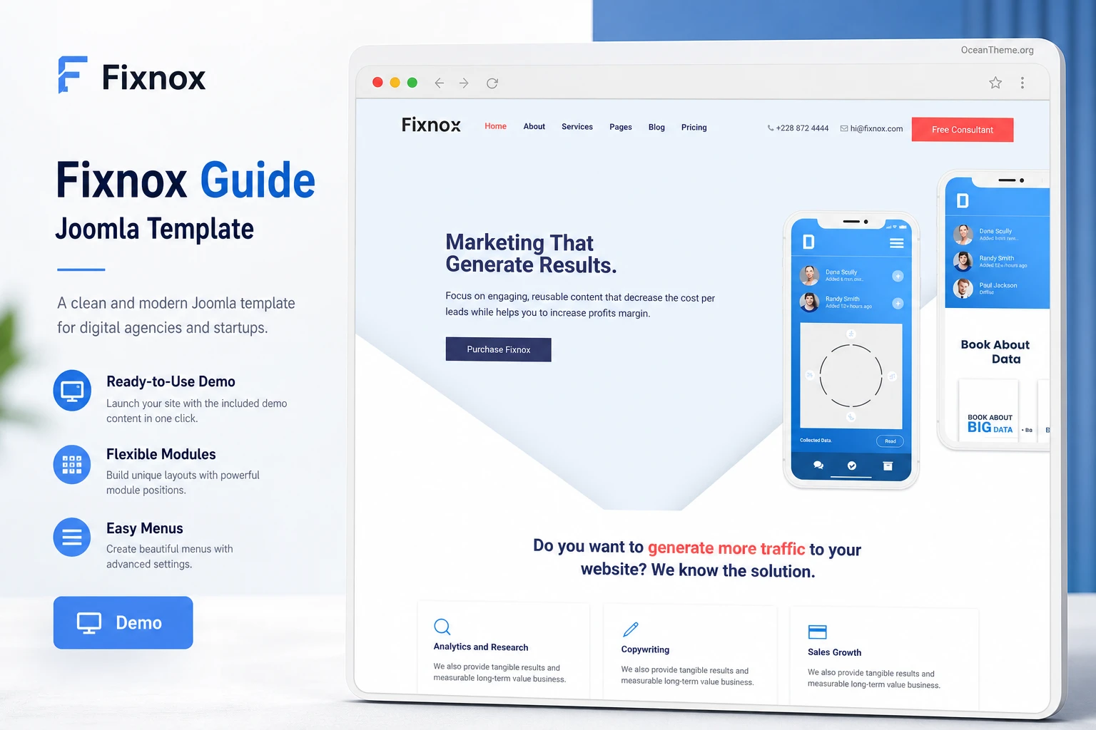 Cover image for the WarpTheme Fixnox Pro guide with the Joomla template hero section
