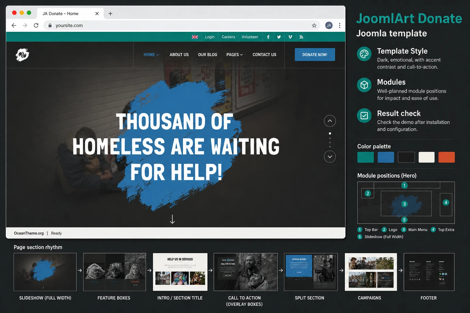 Guide cover for JoomlArt Donate showing the look of the charity Joomla template