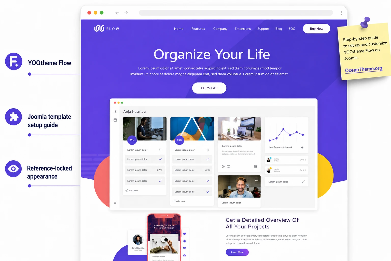 YOOtheme Flow presented as a cover image with a purple hero reference and Joomla context