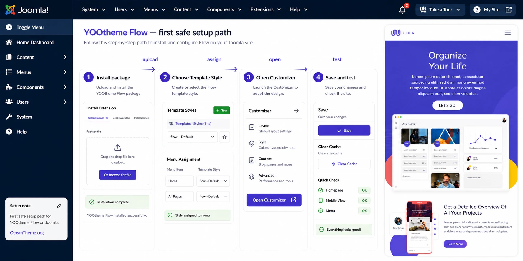 First-launch path for YOOtheme Flow in Joomla after template installation