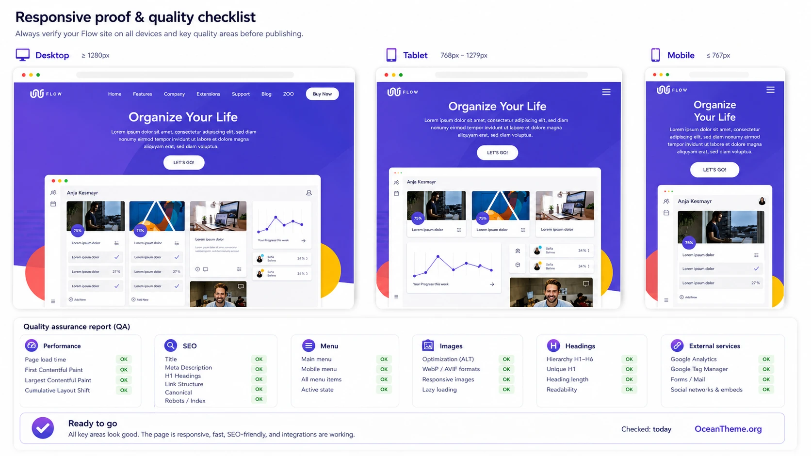 YOOtheme Flow result check across desktop, tablet, and mobile without CMS version labels