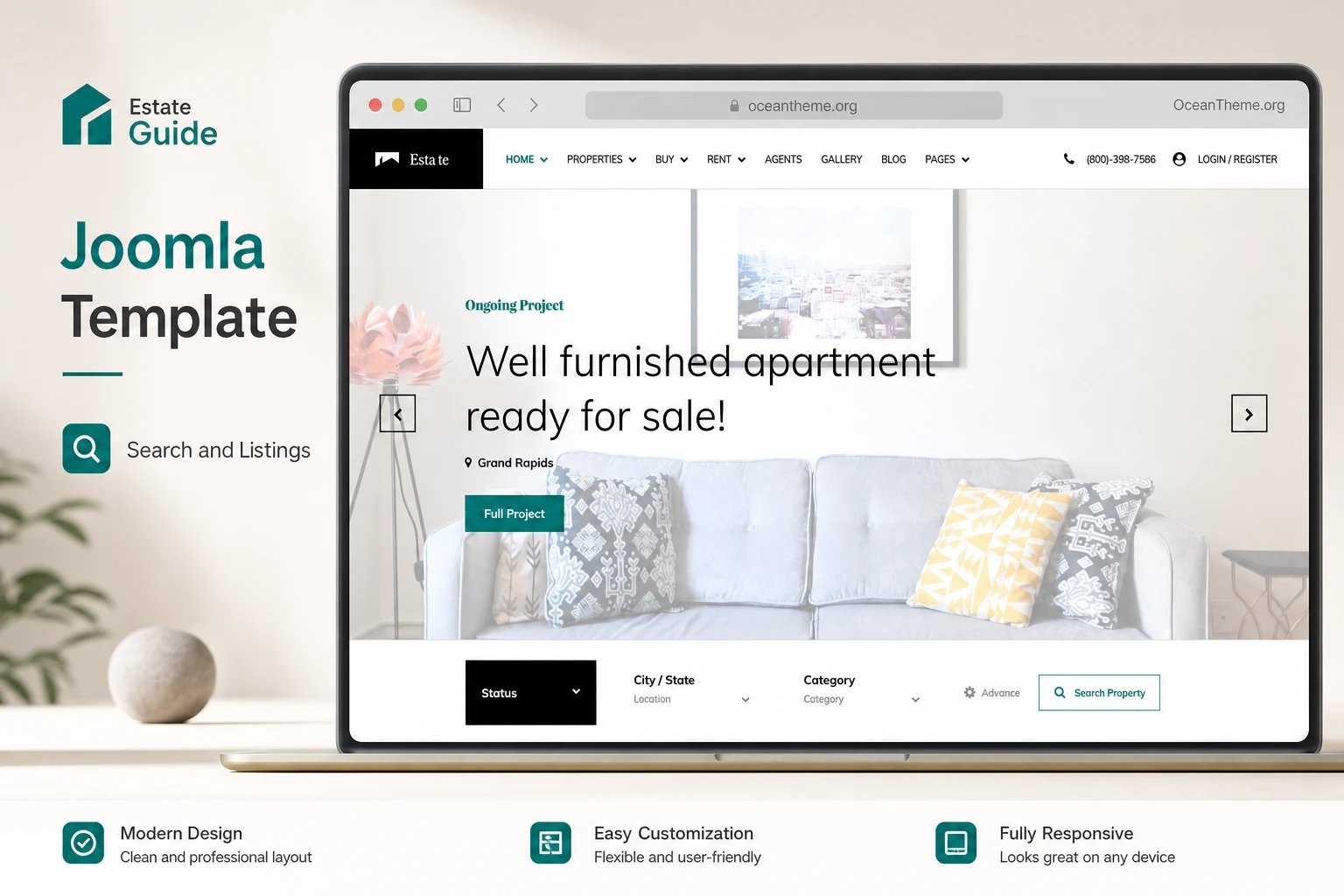 Cover image for the JoomShaper Estate guide with an example of the template homepage