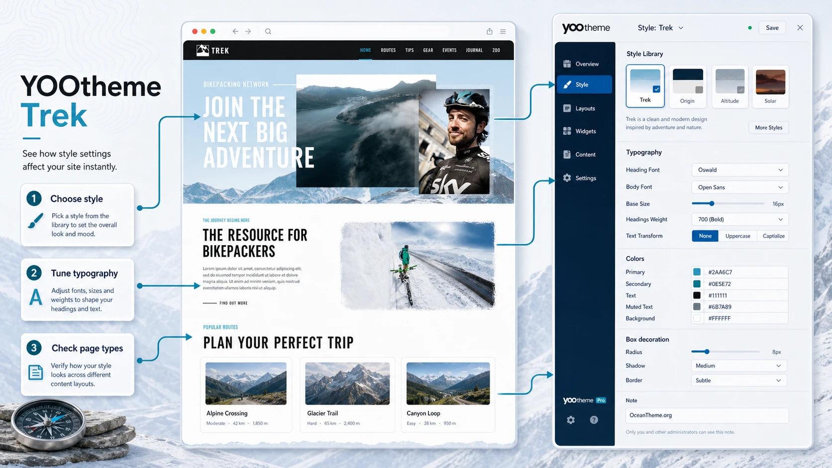 YOOtheme Trek style settings and how they affect the visual result