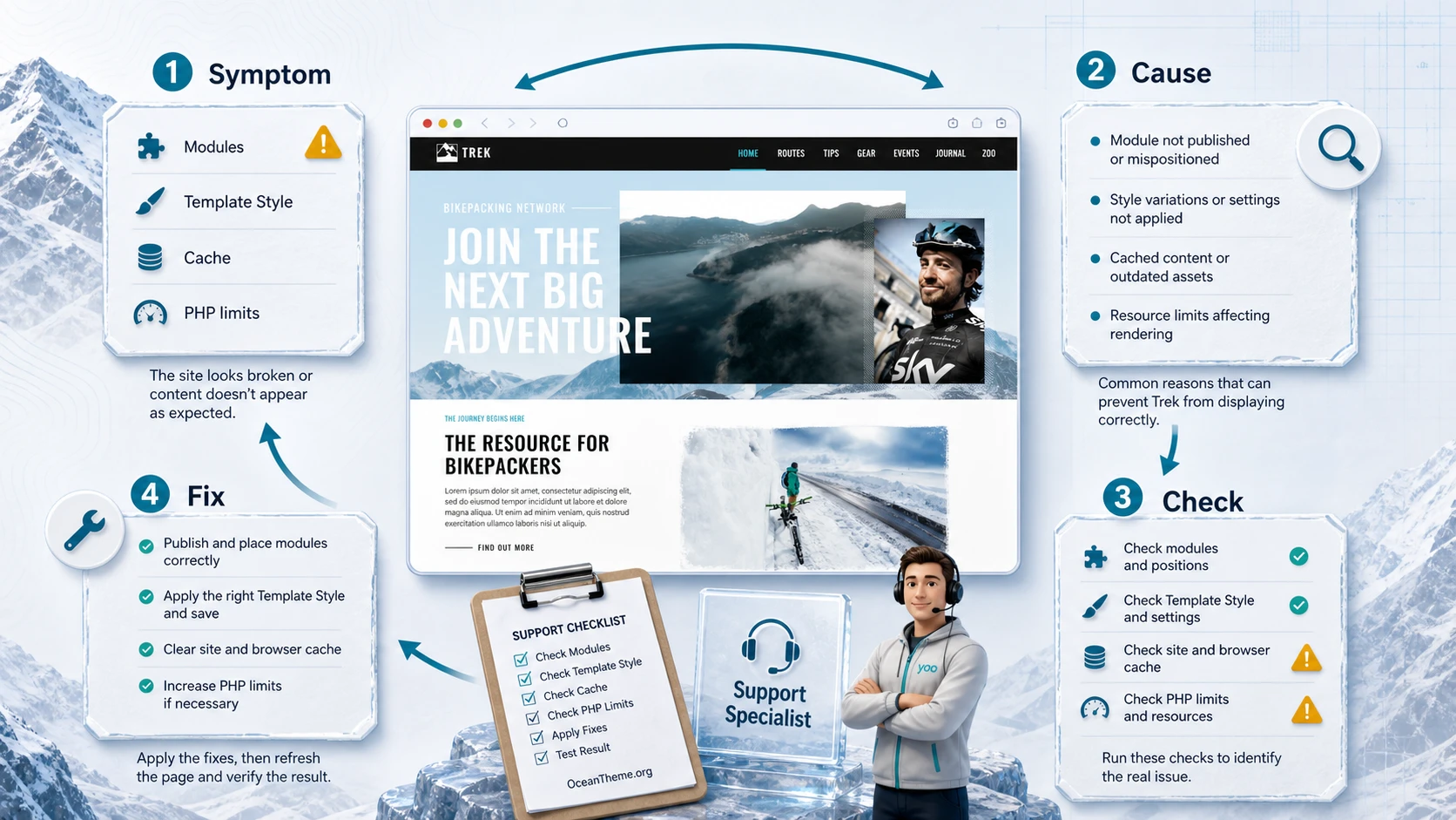 Diagnostic diagram for YOOtheme Trek issues in Joomla