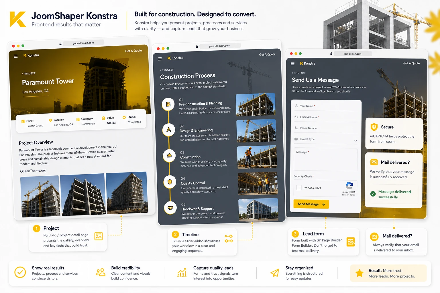 Working setup for the portfolio, timeline, and contact form in Konstra