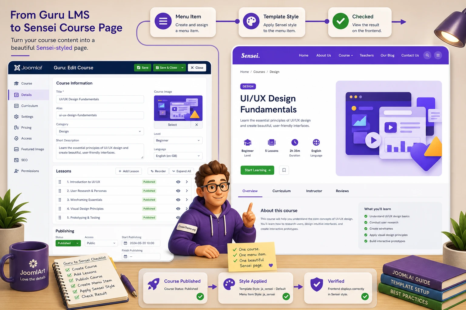 How Guru and JoomlArt Sensei work together for course categories, course pages, and result verification