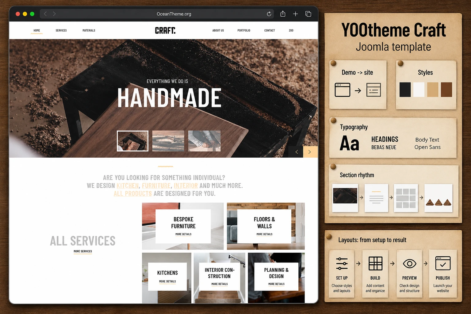 YOOtheme Craft for Joomla as a tutorial cover with a homepage reference