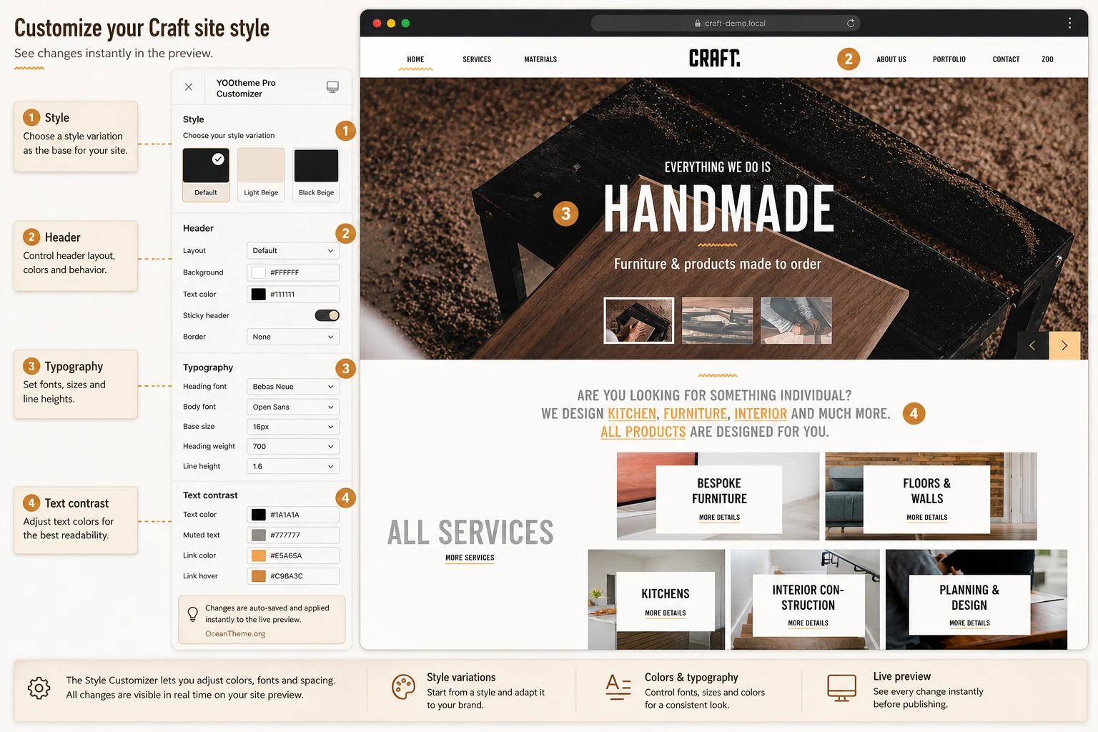 YOOtheme Craft setup map with style variants, colors, and visible results