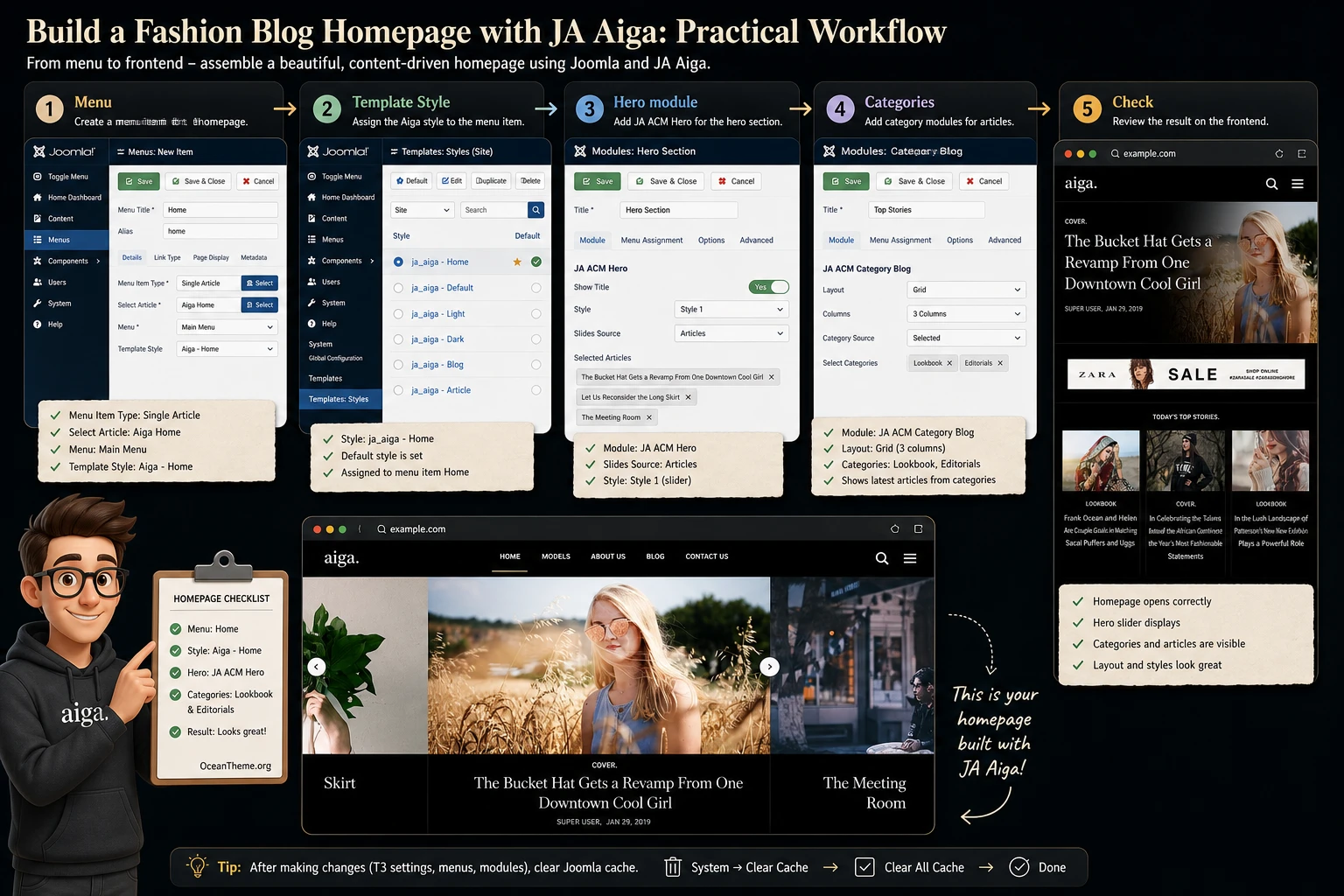 Practical JoomlArt Aiga setup scenario for a fashion blog