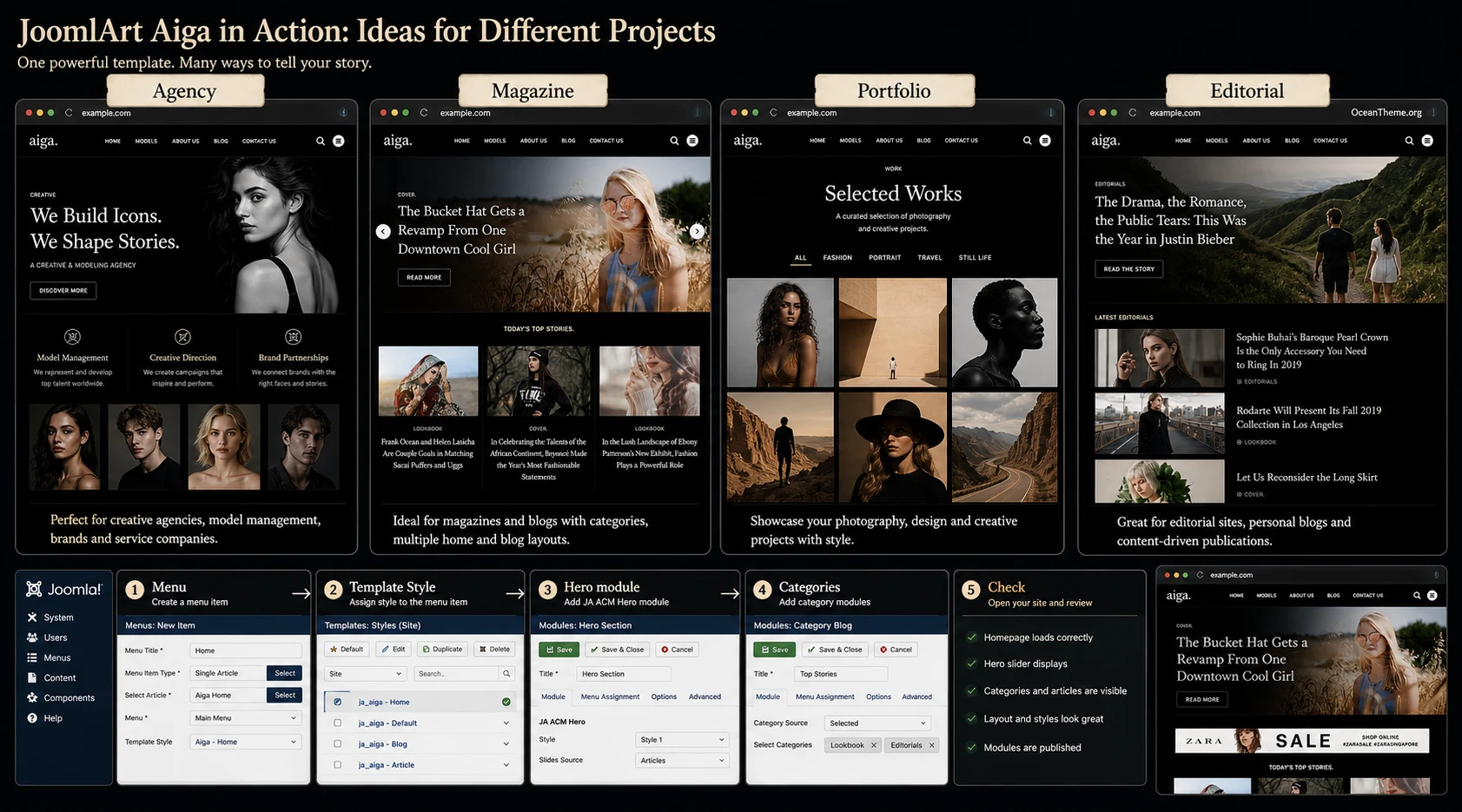 JoomlArt Aiga use ideas for an agency, magazine, and portfolio