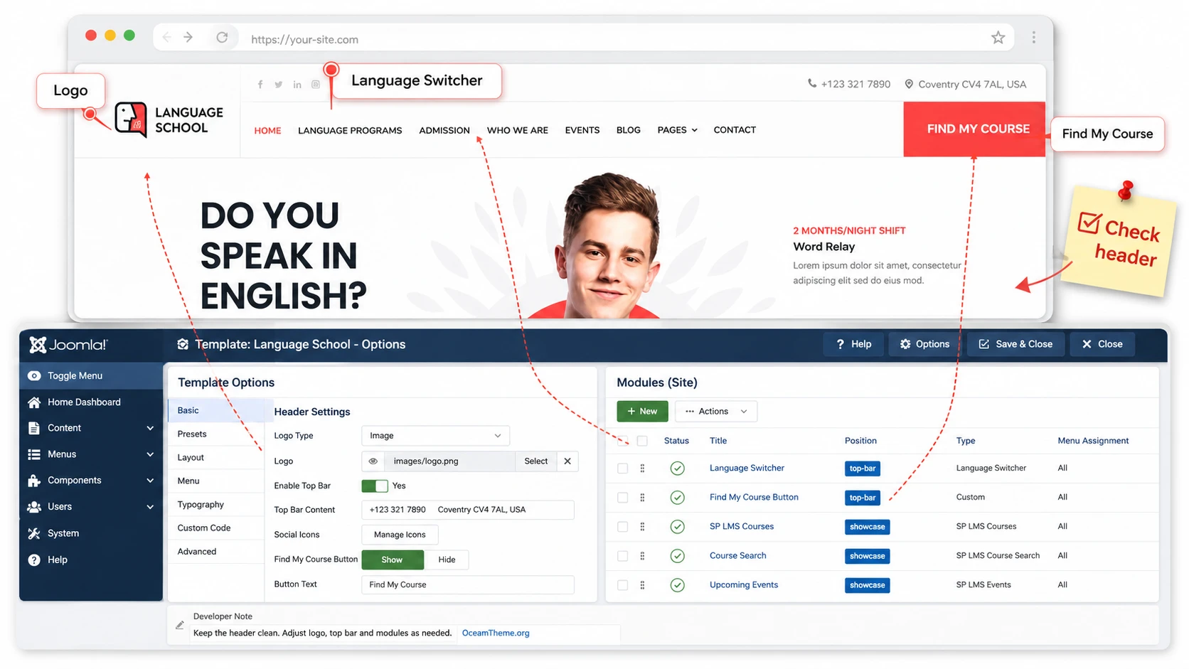 Configuring the JoomShaper Language School header and menu through Template Options and Joomla modules