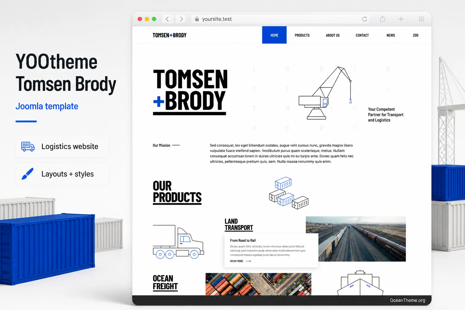 Cover image for the YOOtheme Tomsen Brody guide with a reference to the logistics template homepage