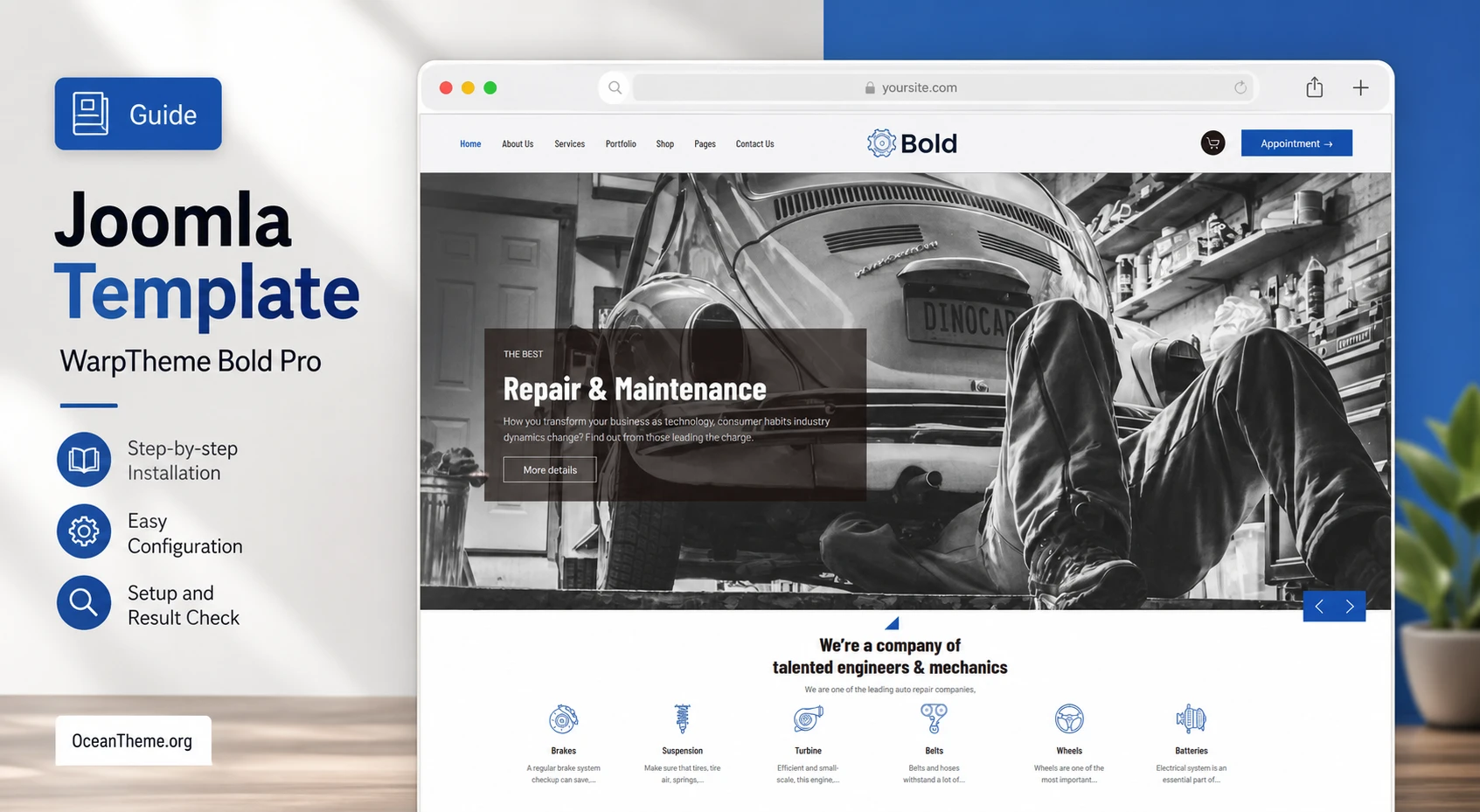WarpTheme Bold Pro guide cover with an auto repair demo reference