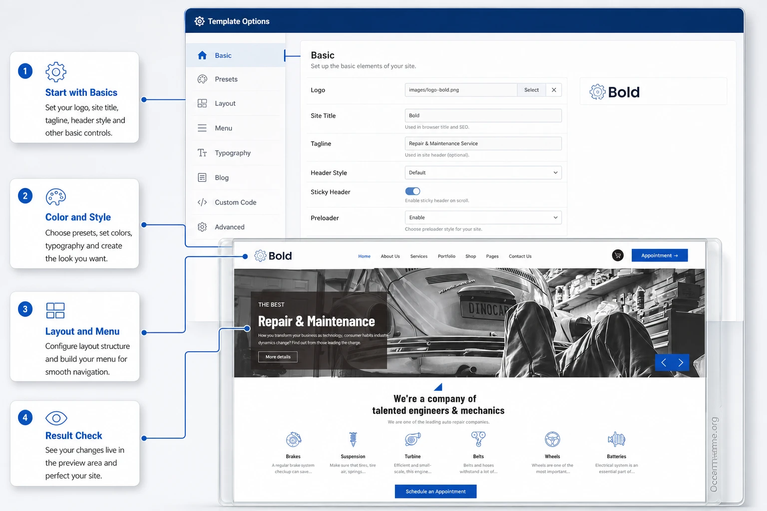 WarpTheme Bold Pro Template Options map for configuring a Joomla template