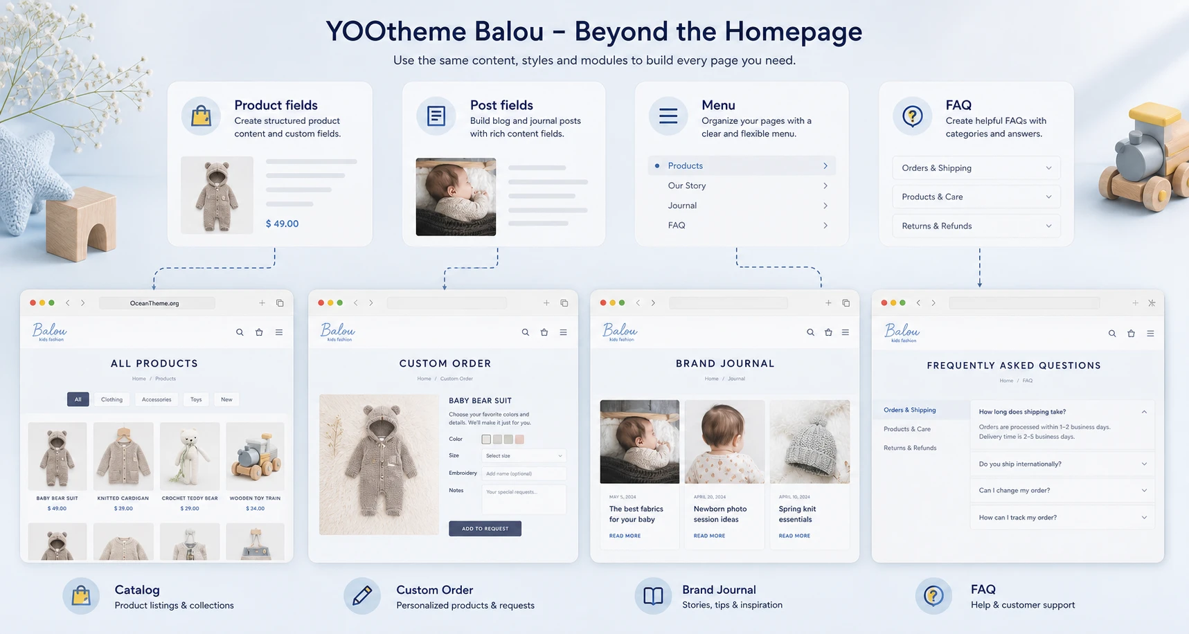 Practical YOOtheme Balou use cases for a catalog, services, journal, and FAQ