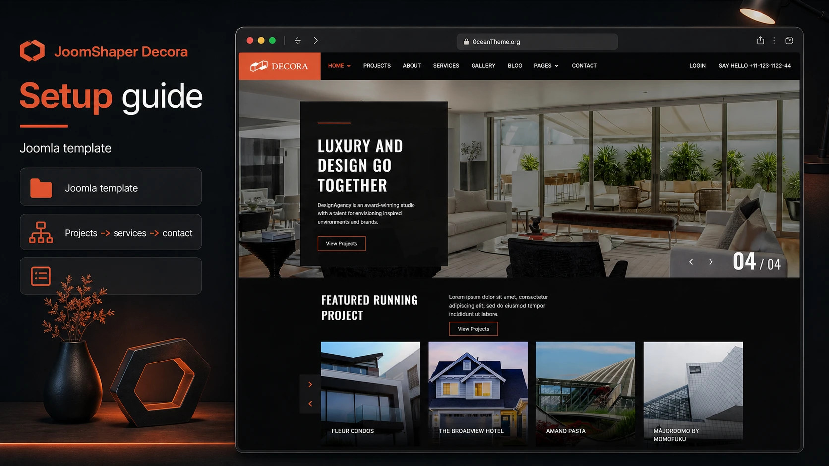 Cover image for the JoomShaper Decora guide with a dark architecture studio website reference