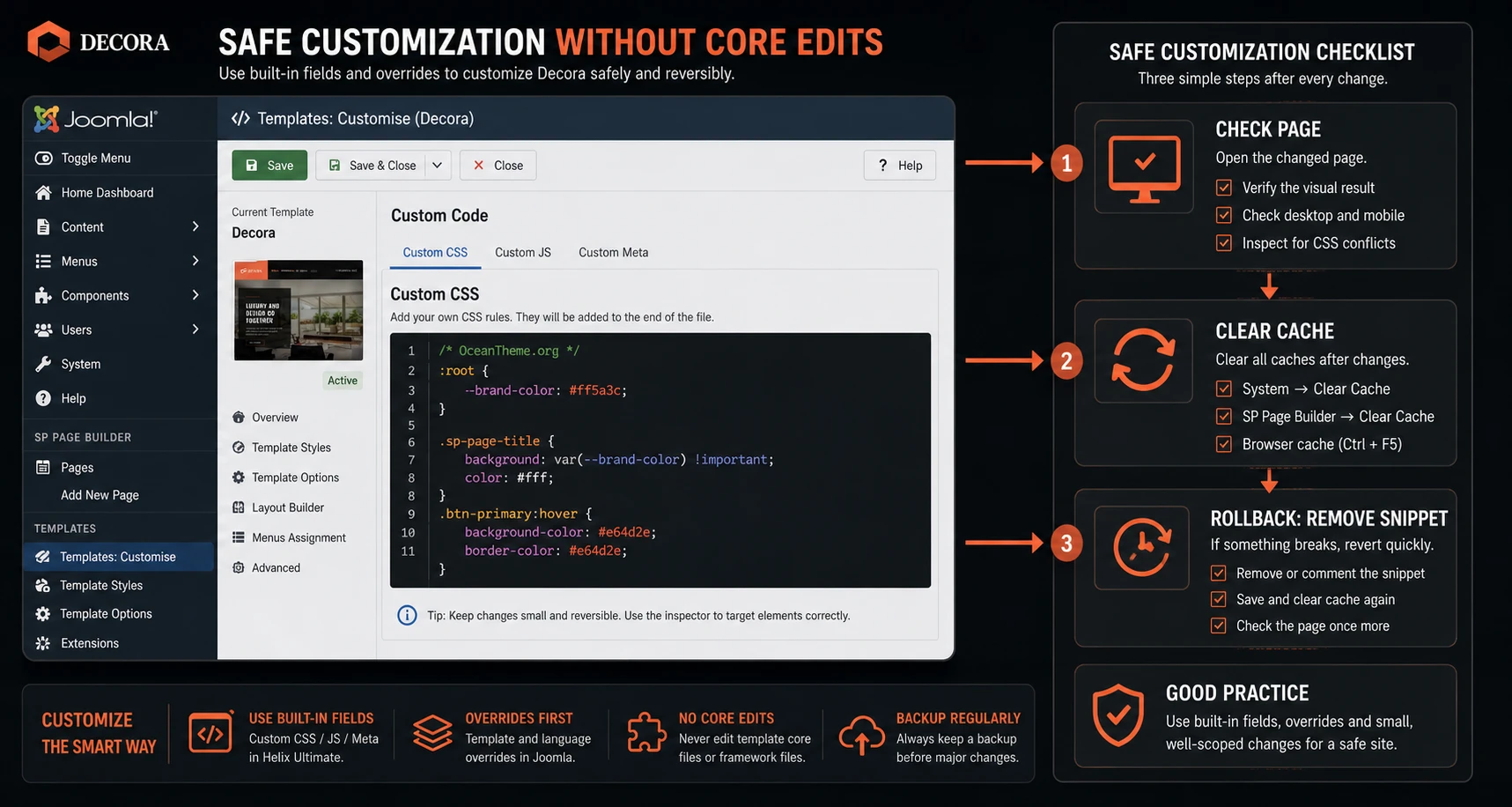 Safe CSS tweak and rollback for JoomShaper Decora through template settings