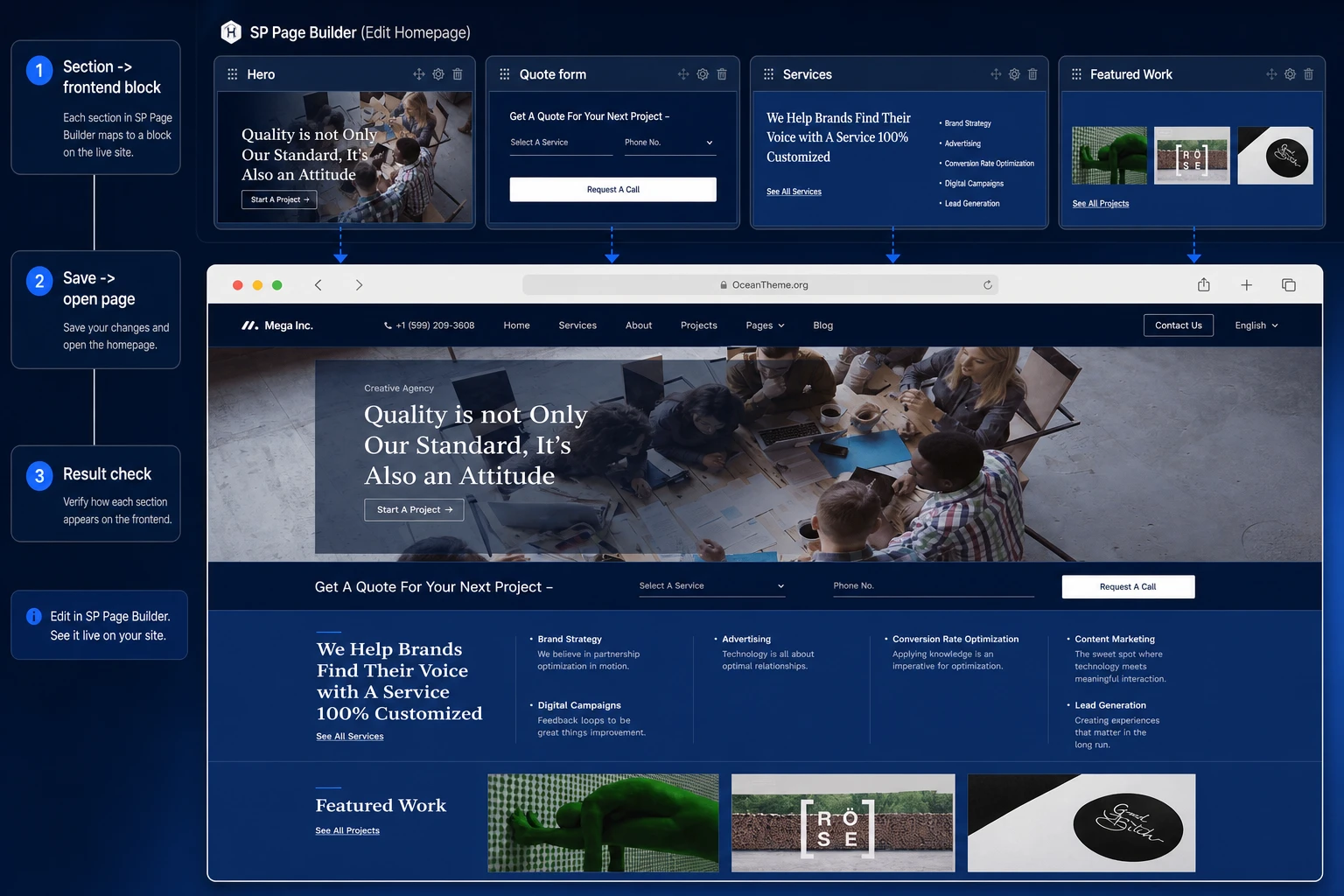 Configuring the Mega Inc home page through SP Page Builder and checking the result