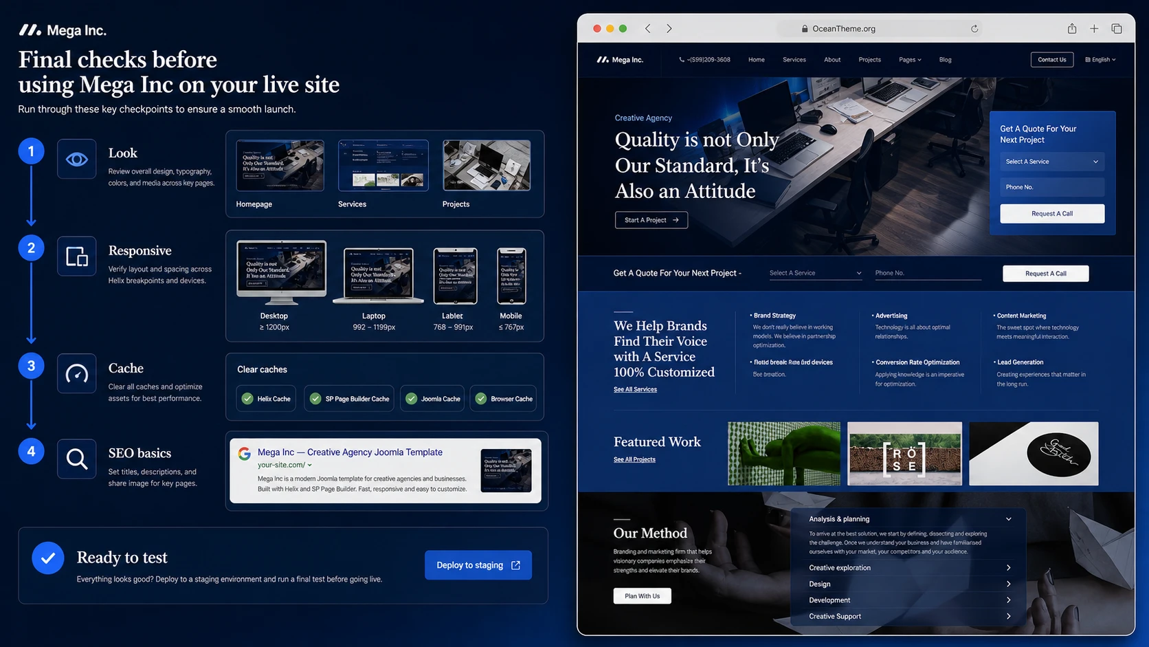 Result check after configuring the Mega Inc template in Joomla