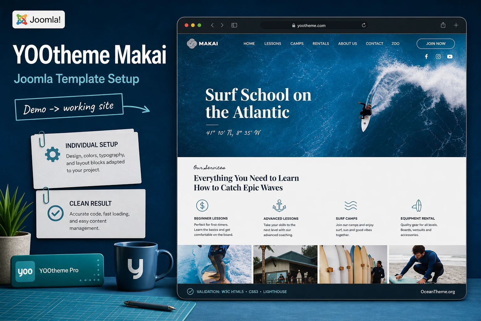 Cover image for the YOOtheme Makai guide with a surf school demo reference