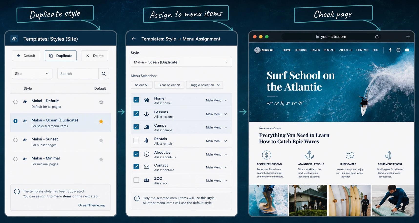 Template Styles and Menu Assignment diagram for YOOtheme Makai