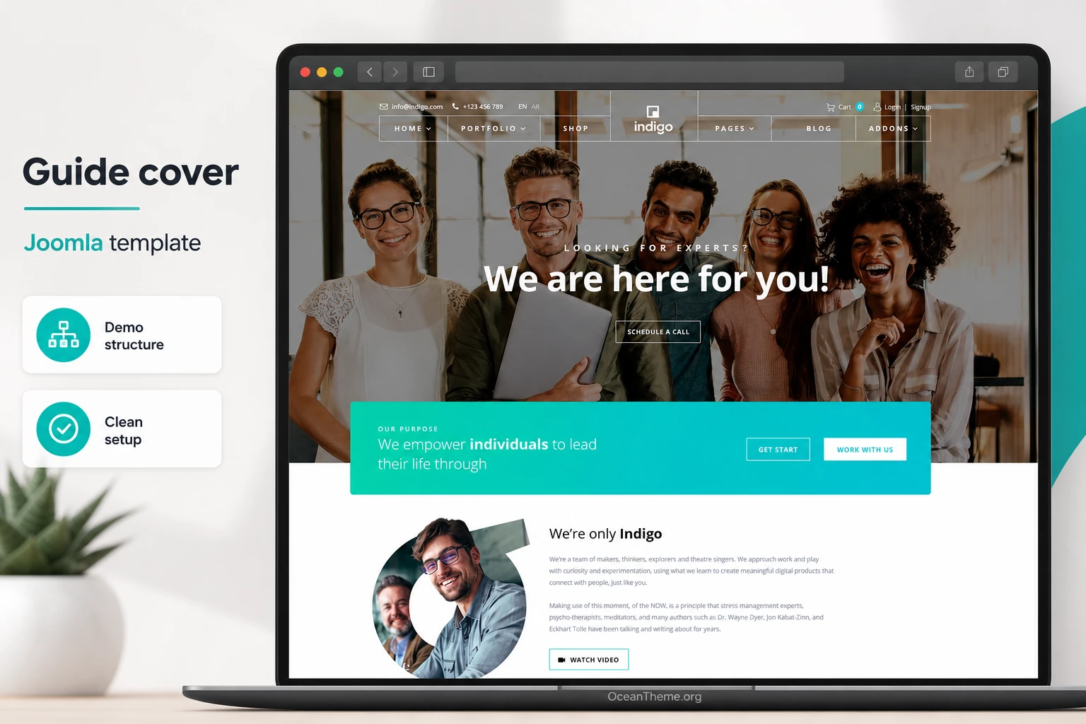 Cover image for the JoomShaper Indigo guide with a reference to the template homepage