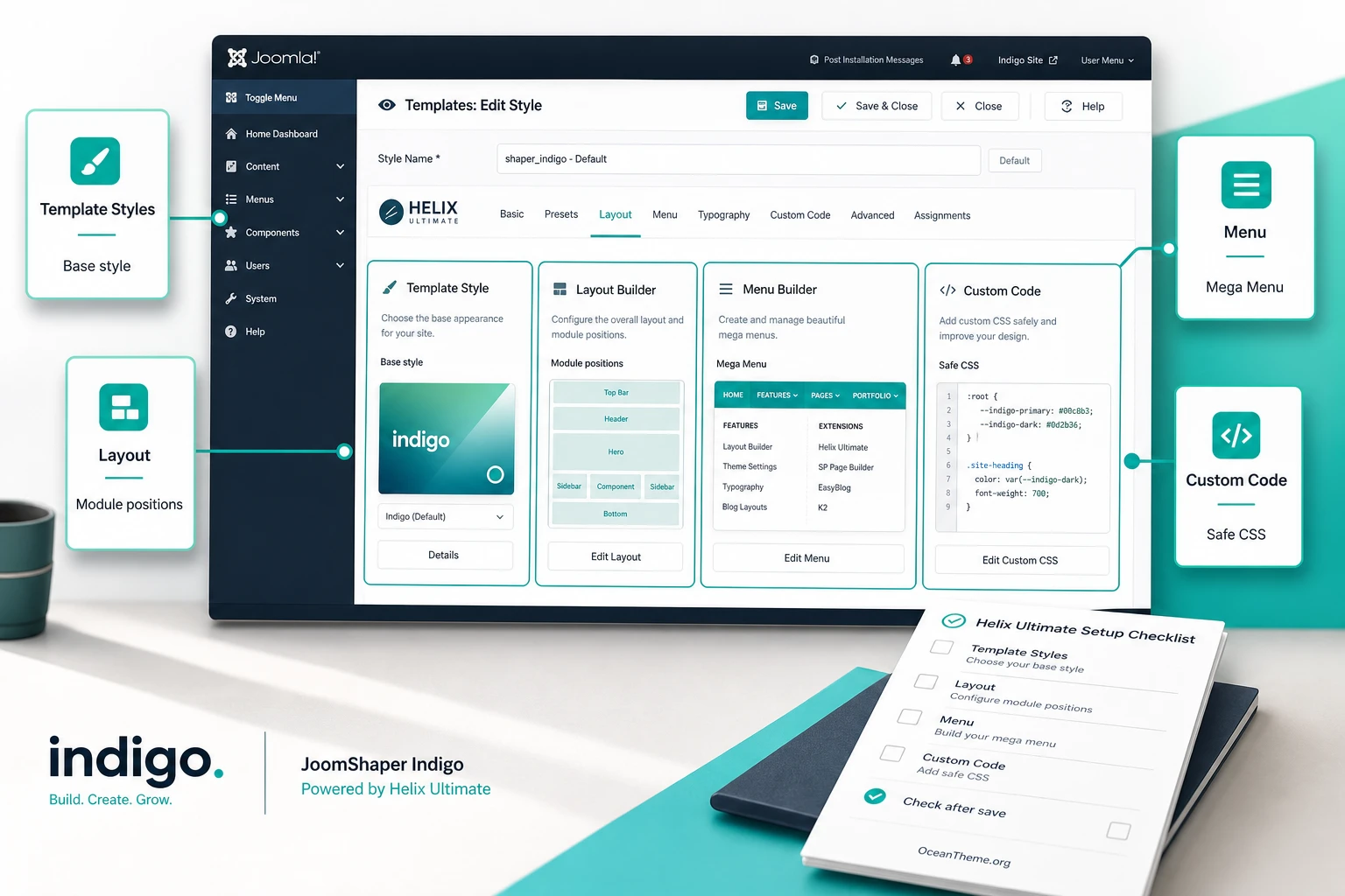 Map of Helix Ultimate settings for the JoomShaper Indigo template