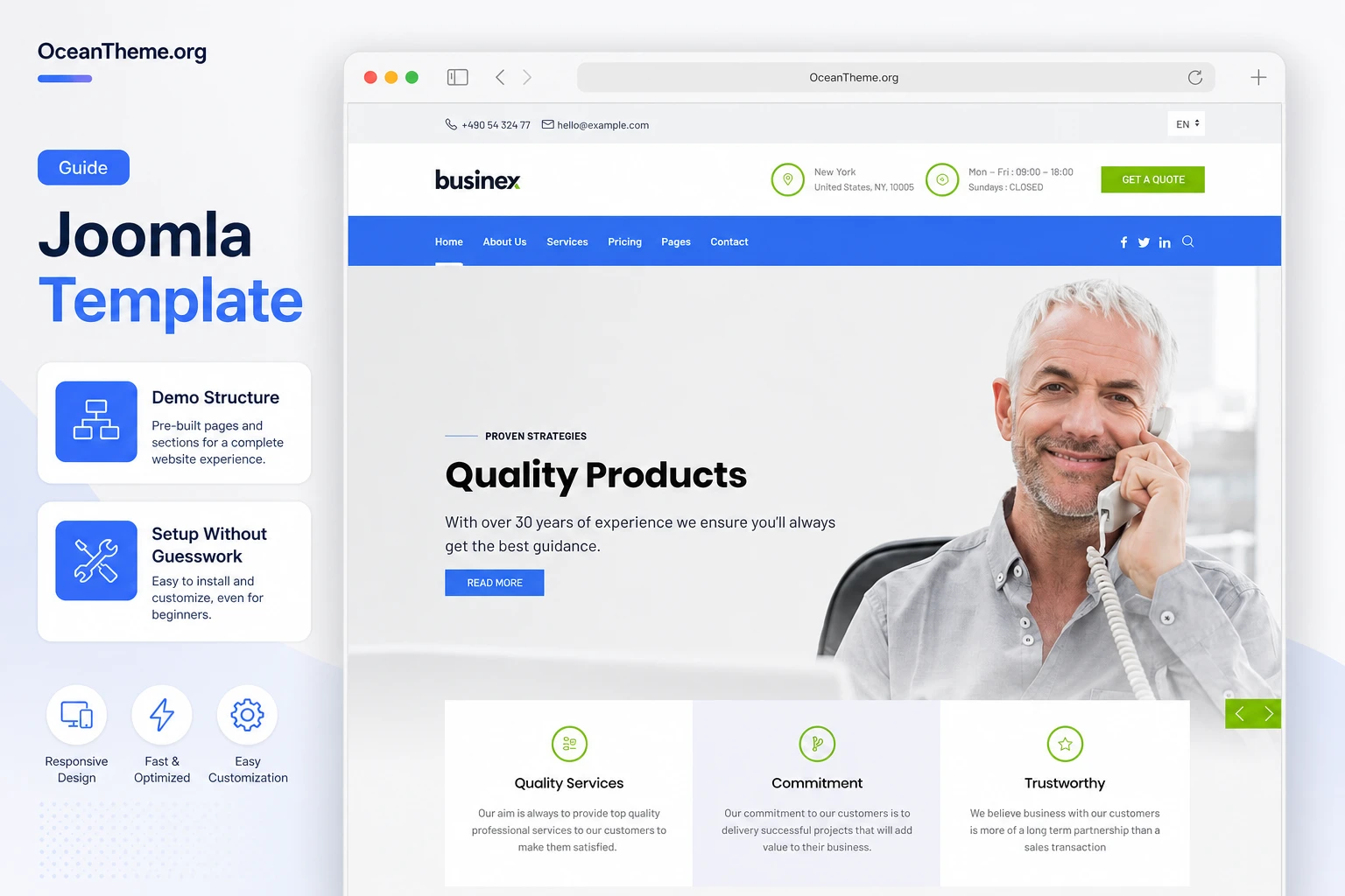 Cover image for the WarpTheme Business X Pro guide with a Joomla template demo page