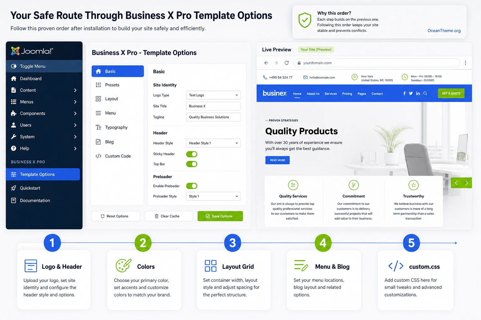 Map of the main WarpTheme Business X Pro settings in Joomla Template Options