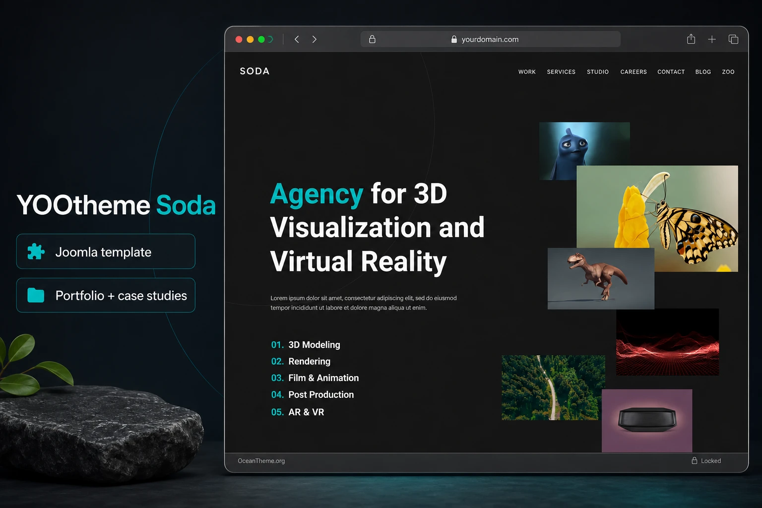 YOOtheme Soda guide cover with the dark Joomla template homepage