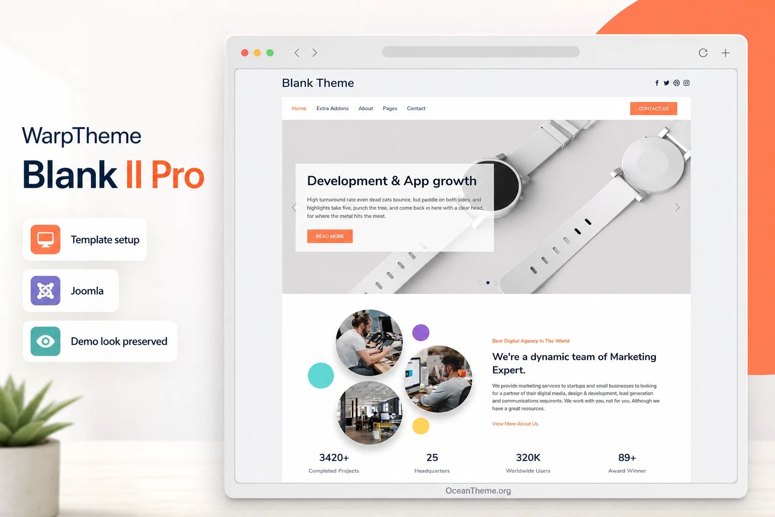 WarpTheme Blank II Pro guide cover with a Joomla demo template and setup callouts