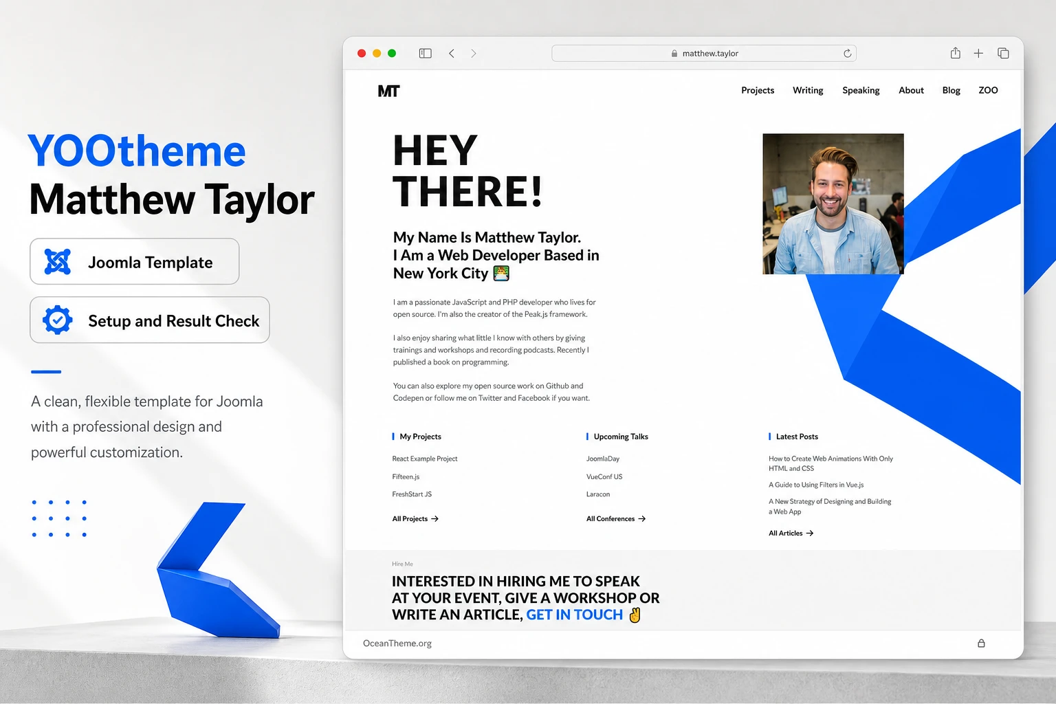 Cover image for the YOOtheme Matthew Taylor guide with a browser preview of the Joomla template