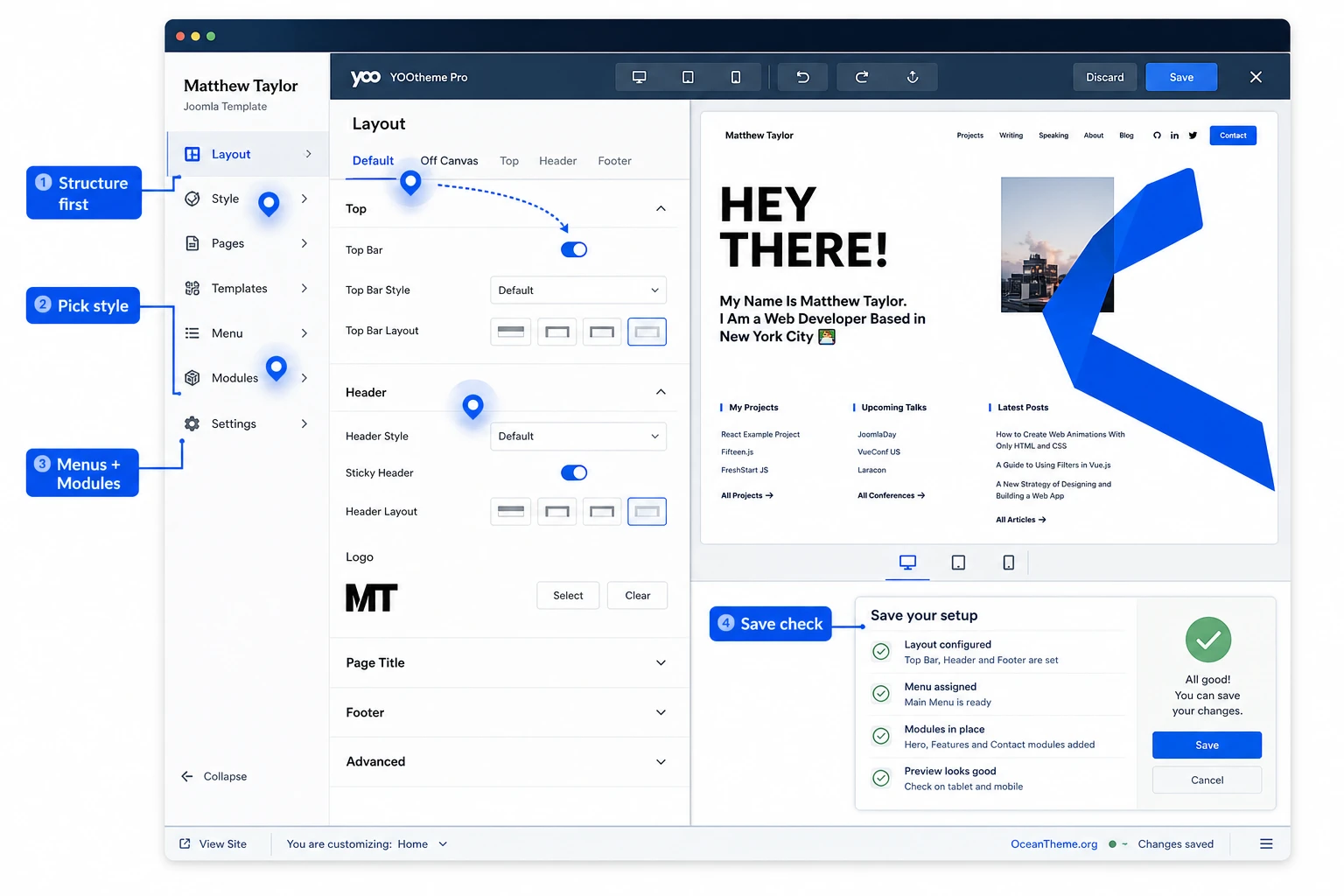 Map of the first YOOtheme Pro customizer settings for the Matthew Taylor template