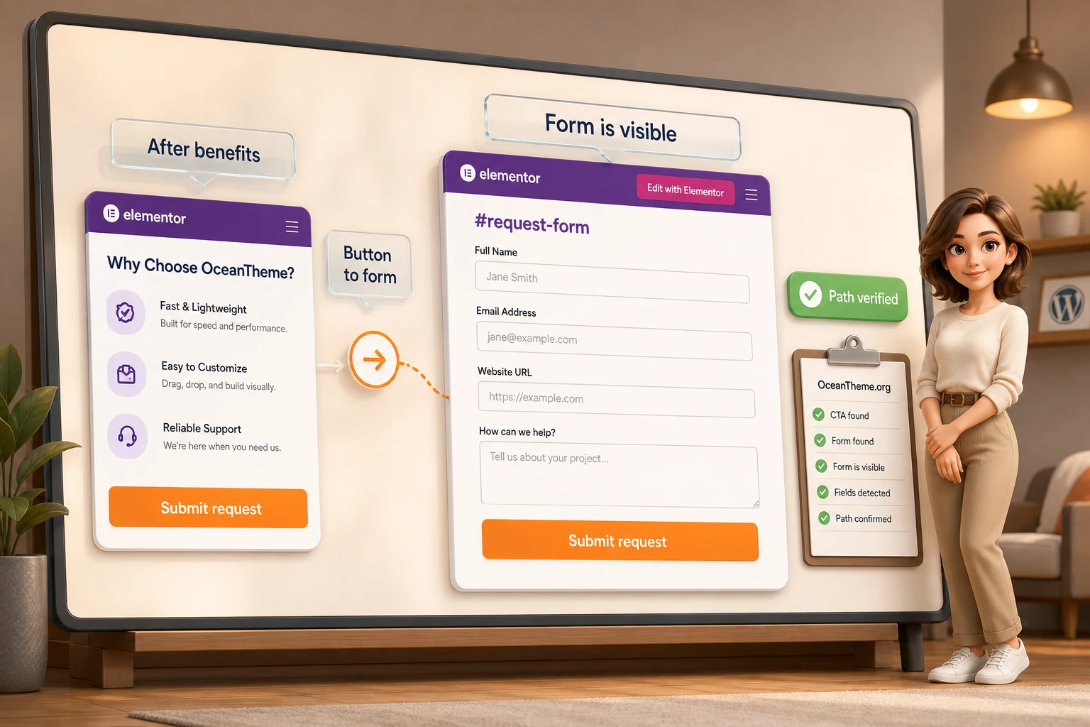 CodeCanyon Call To Action example scenario: setup, form link, and click verification