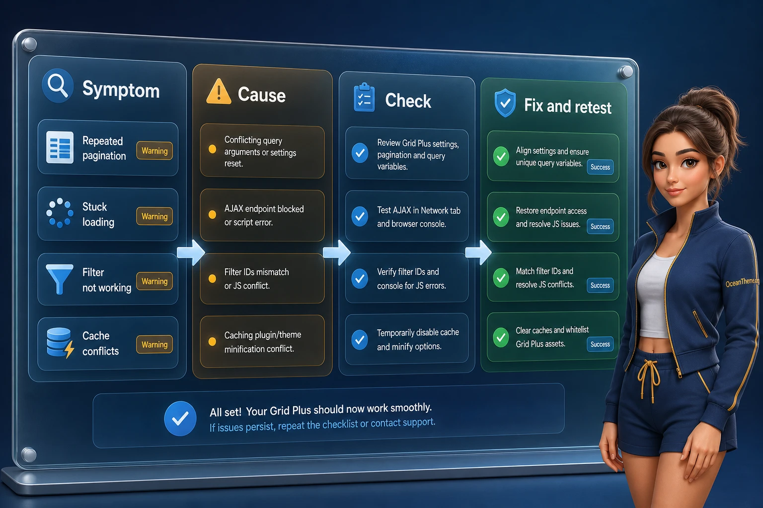 Diagnostic map of Grid Plus issues with filters pagination and images