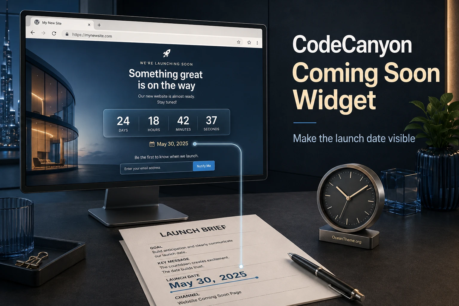 CodeCanyon Coming Soon Widget guide cover featuring Elementor and a coming soon page