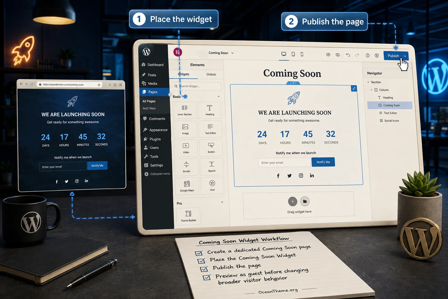 Diagram of placing a countdown widget on a dedicated Elementor page