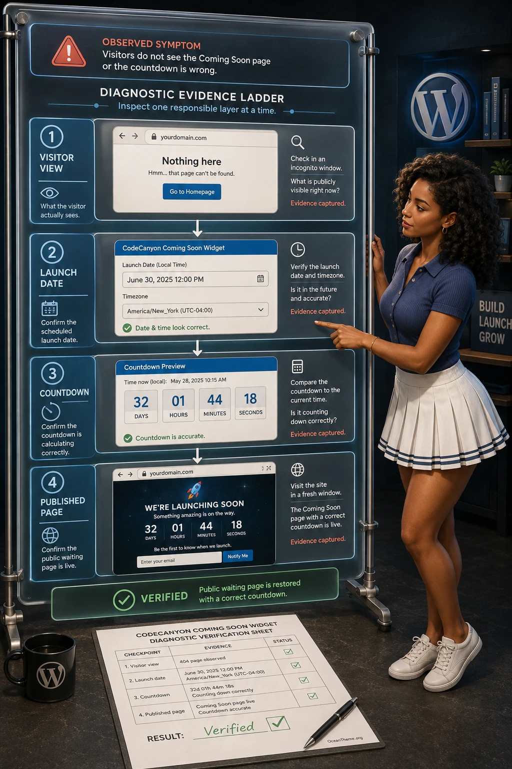 Troubleshooting diagram for an incorrectly displayed WordPress coming soon page