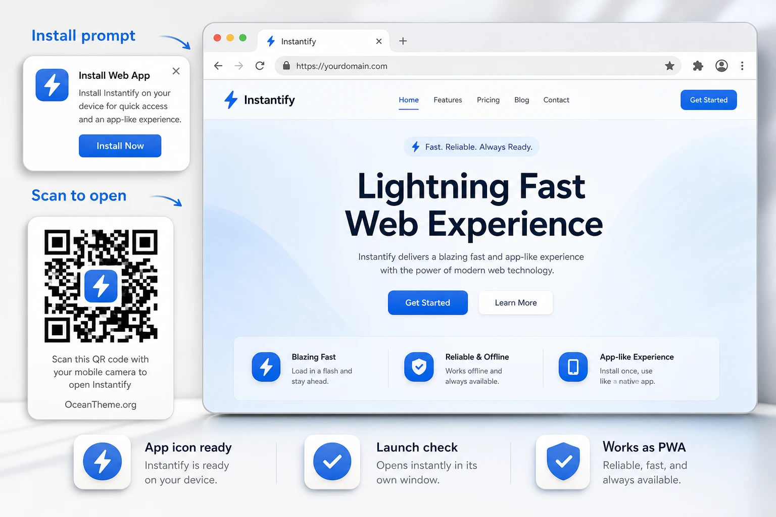 CodeCanyon Instantify showing a web app install prompt and result validation