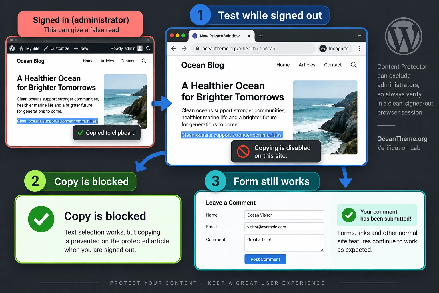 Testing CodeCanyon Content Protector in a private WordPress window: article protection and form behavior