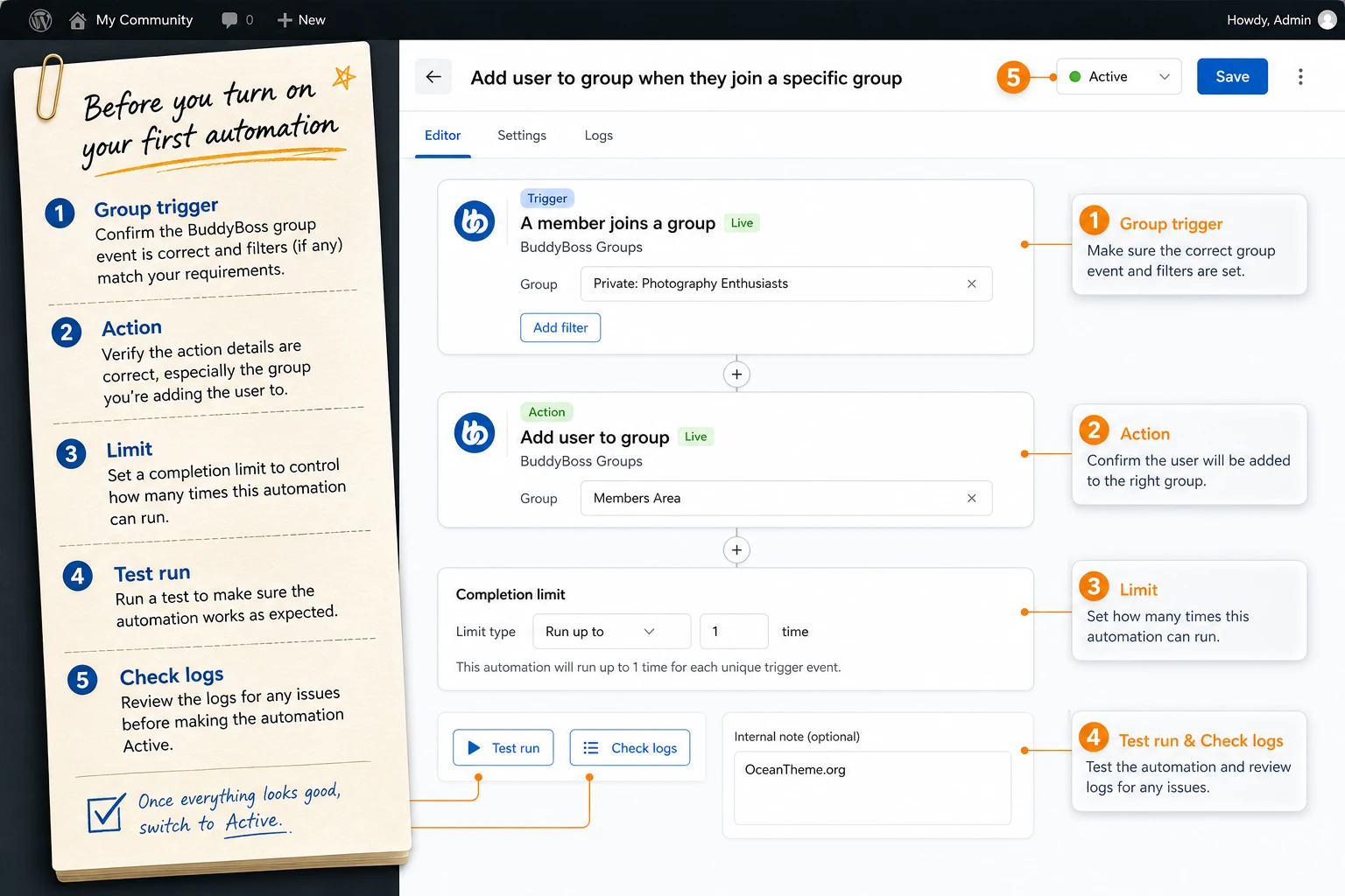 Setting up an AutomatorWP BuddyBoss automation in the WordPress admin area