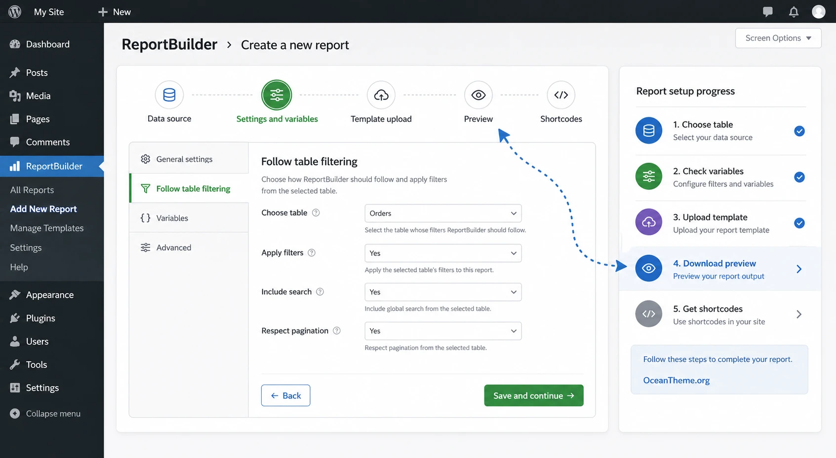 CodeCanyon Report Builder wizard with table selection and report settings