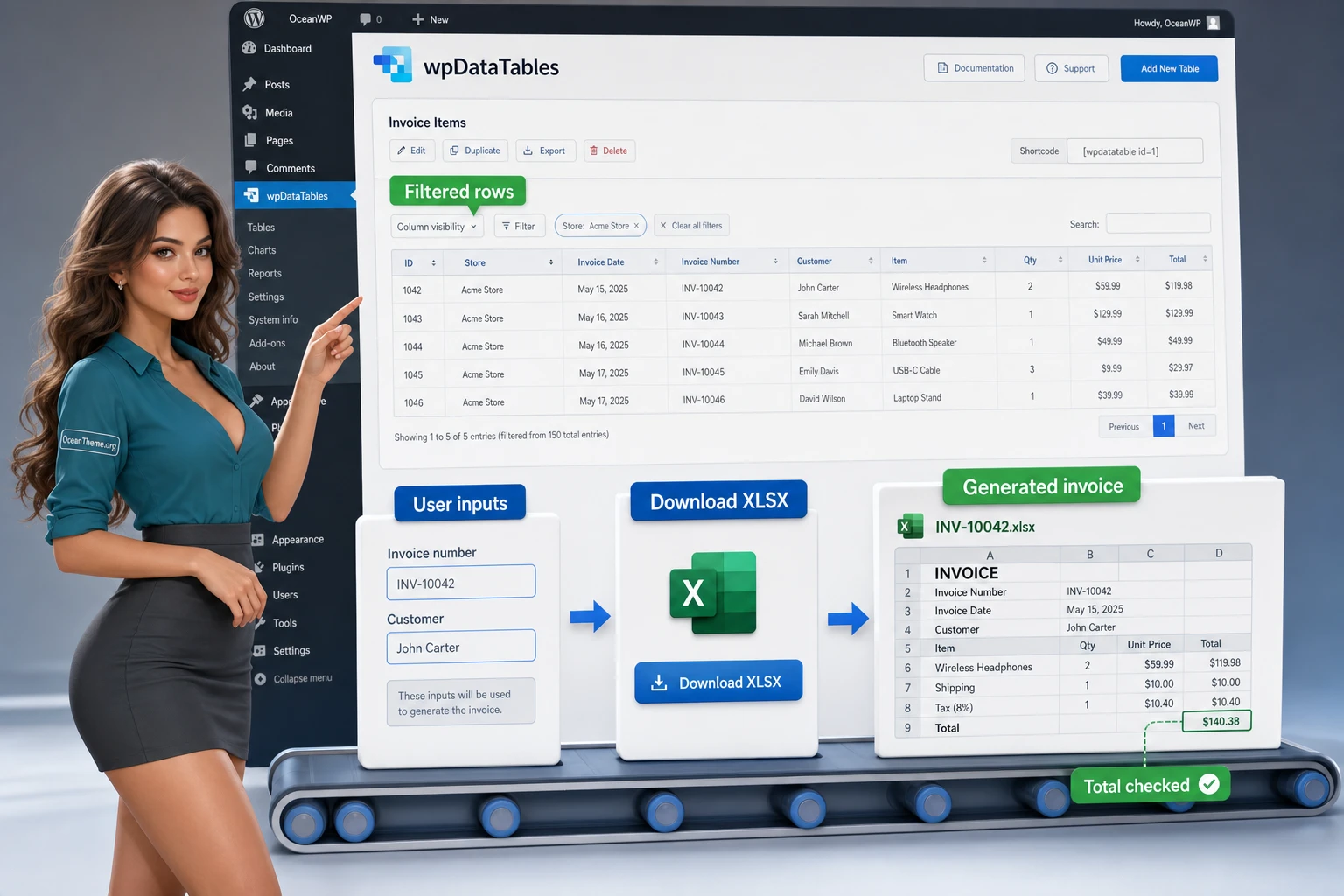 Example Report Builder workflow: table filter, user fields, and finished XLSX file