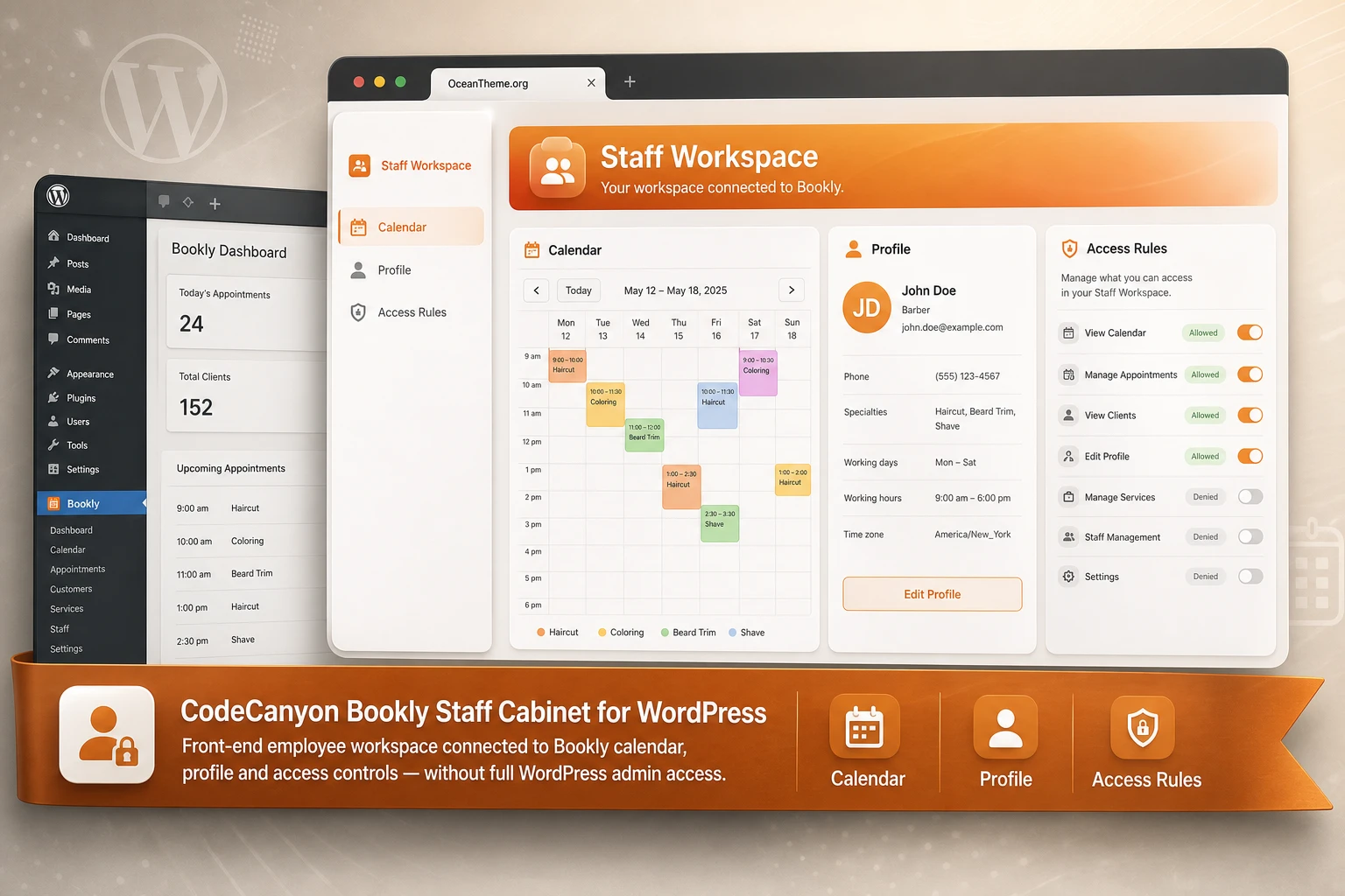 Cover image for the CodeCanyon Bookly Staff Cabinet guide showing the staff dashboard and result verification