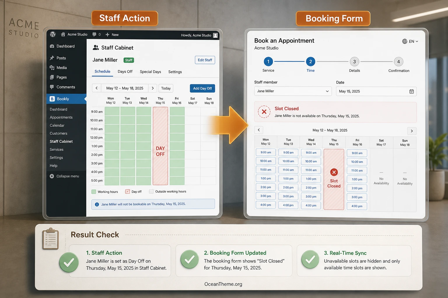 Example of Staff Cabinet in WordPress for a studio staff member with a calendar and appointment verification